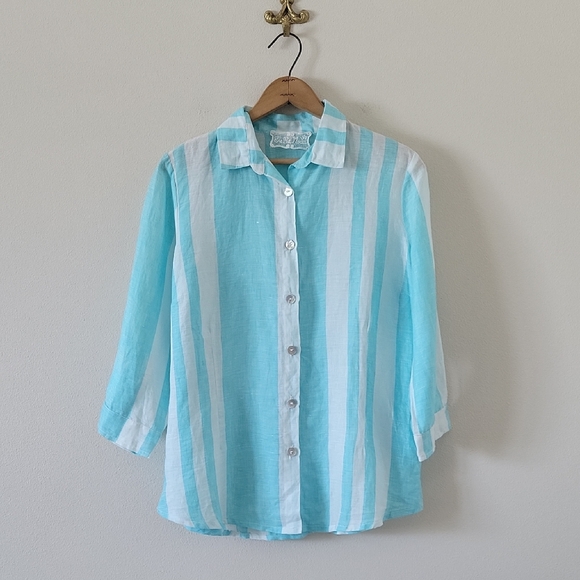 Stella Moda Blue White Striped Linen Button Down Shirt Size Large - Picture 1 of 7